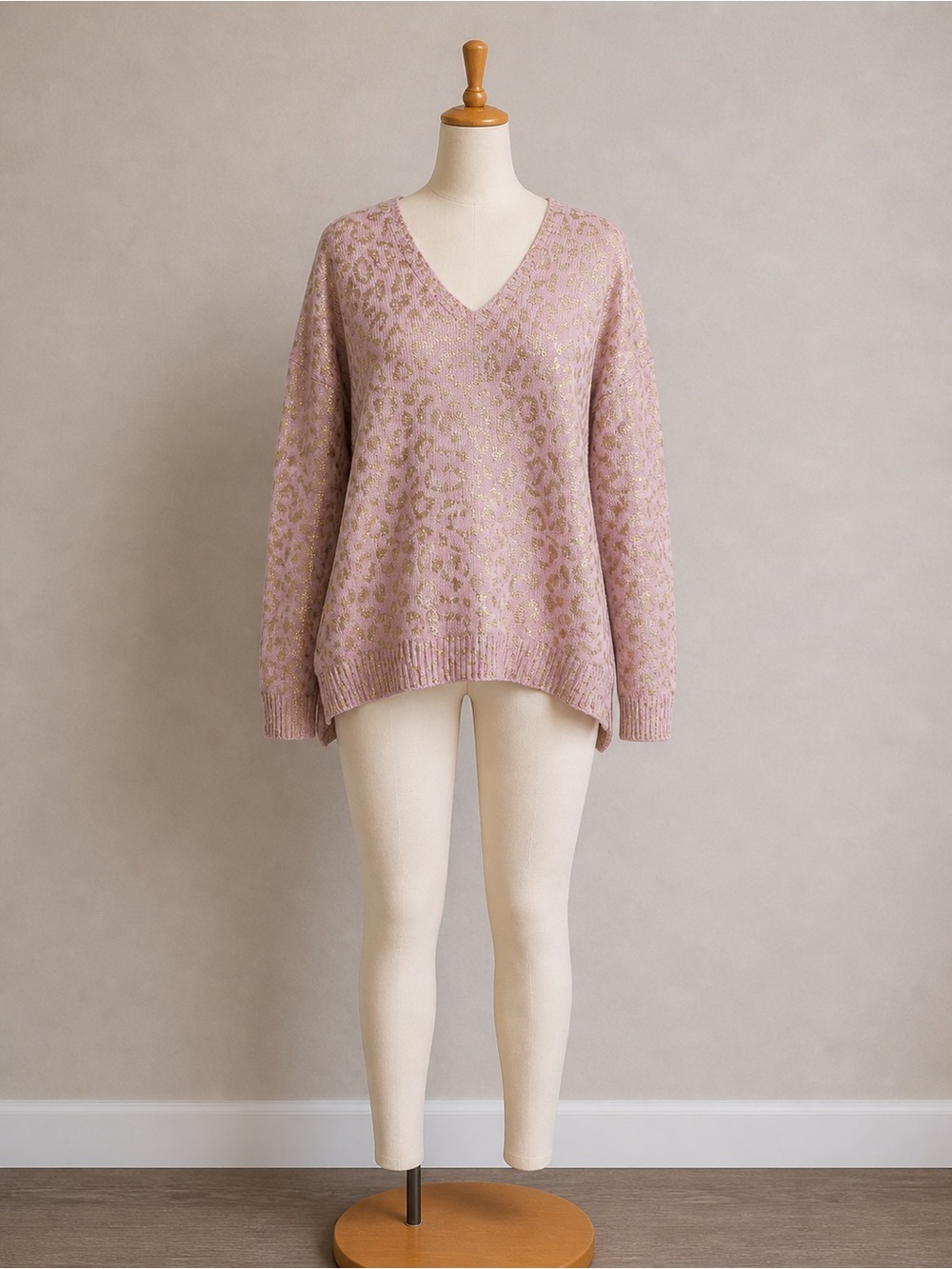 Blush Pink V-Neck Leopard Jacquard Sweater